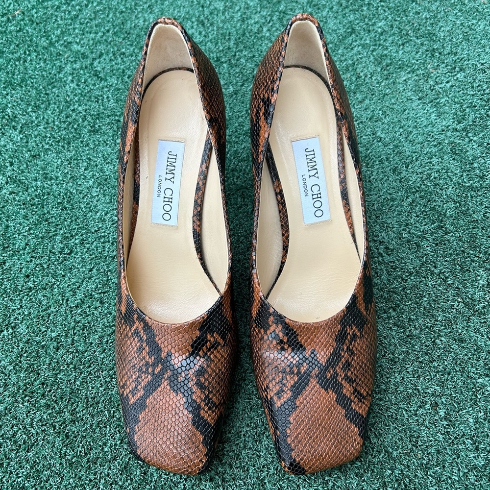 Jimmy Choo Marcela Snake Print Heel Leather Brown Black 39.5 - Picture 4 of 14